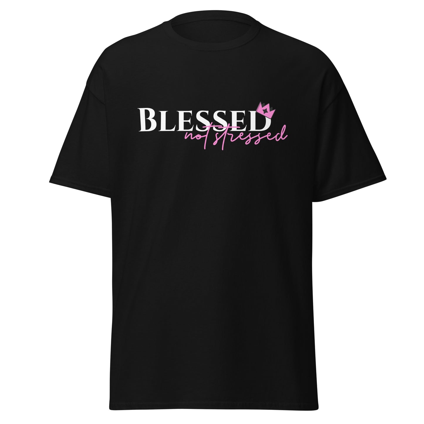Black t-shirt with 'Blessed not stressed' text on a white background