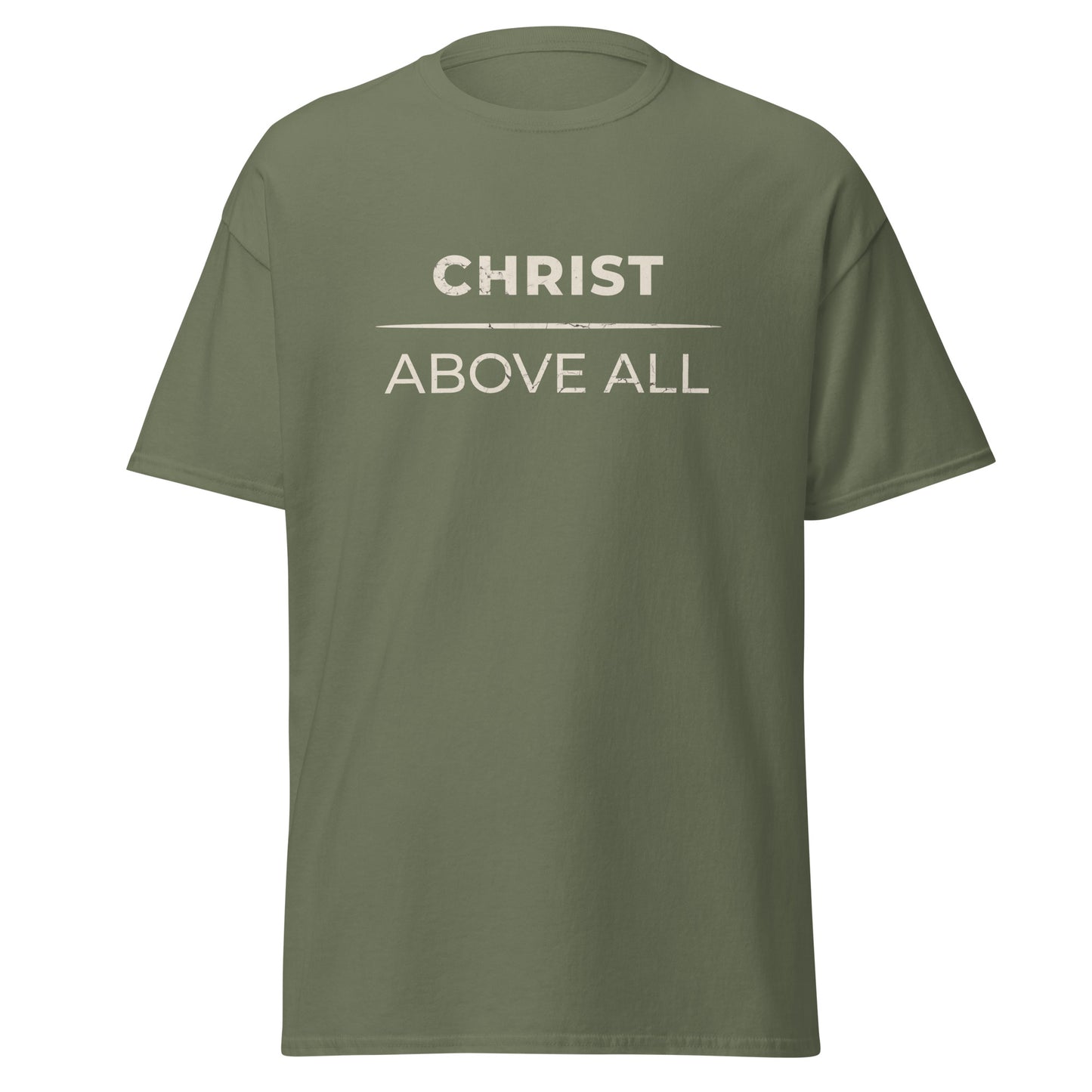 millitary green T shirt that says Christ above all.