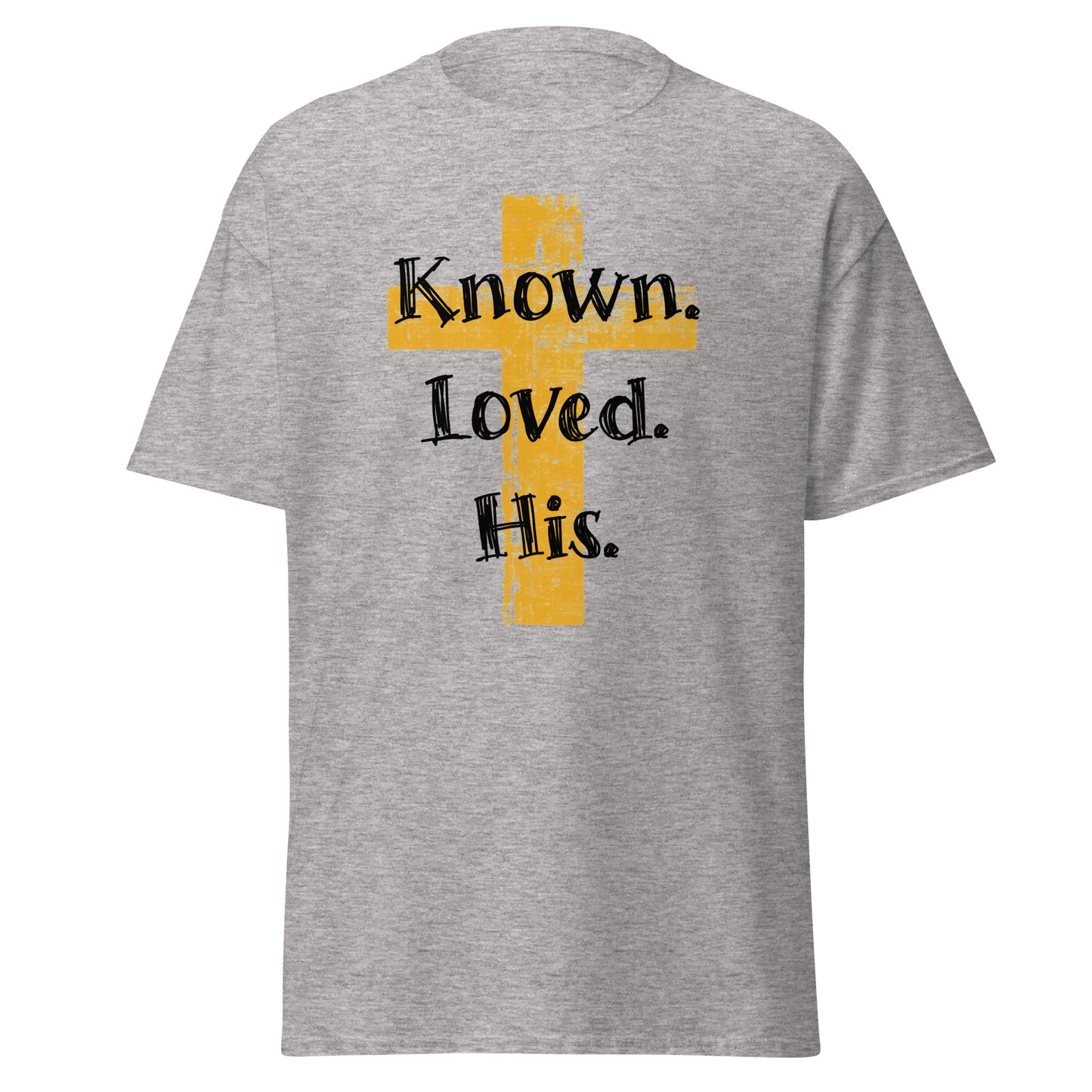 sport grey t-shirt that says "Known. Loved. His." overlaid on an image of a cross.