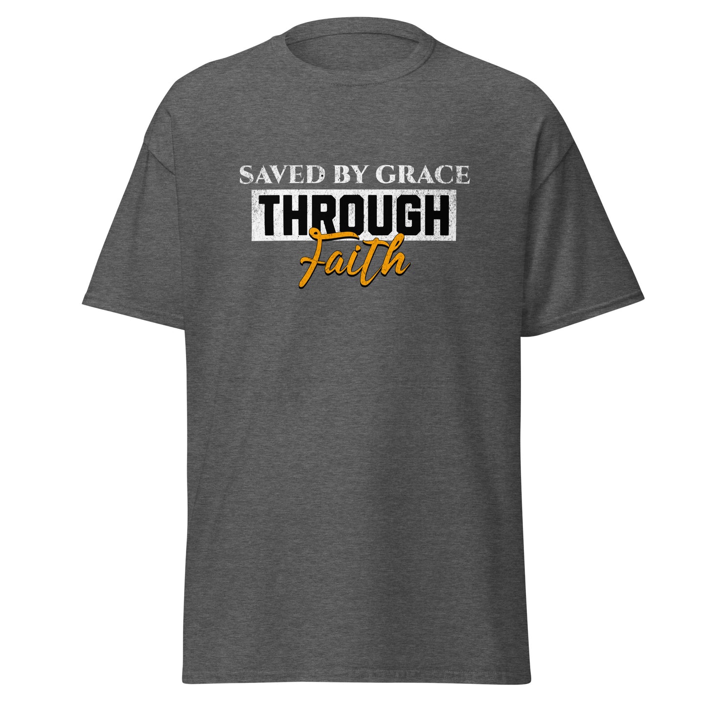 gray t-shirt with text 'saved by grace through faith'