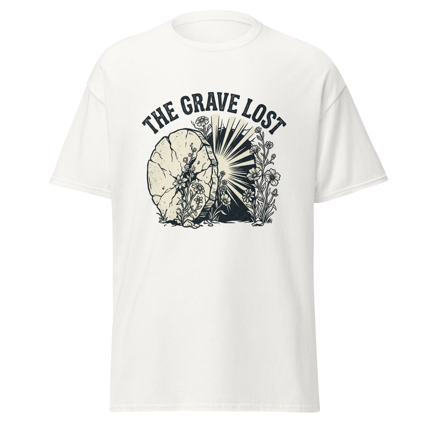 white T-shirt that says "the grave lost" with a picture of an empty tomb.