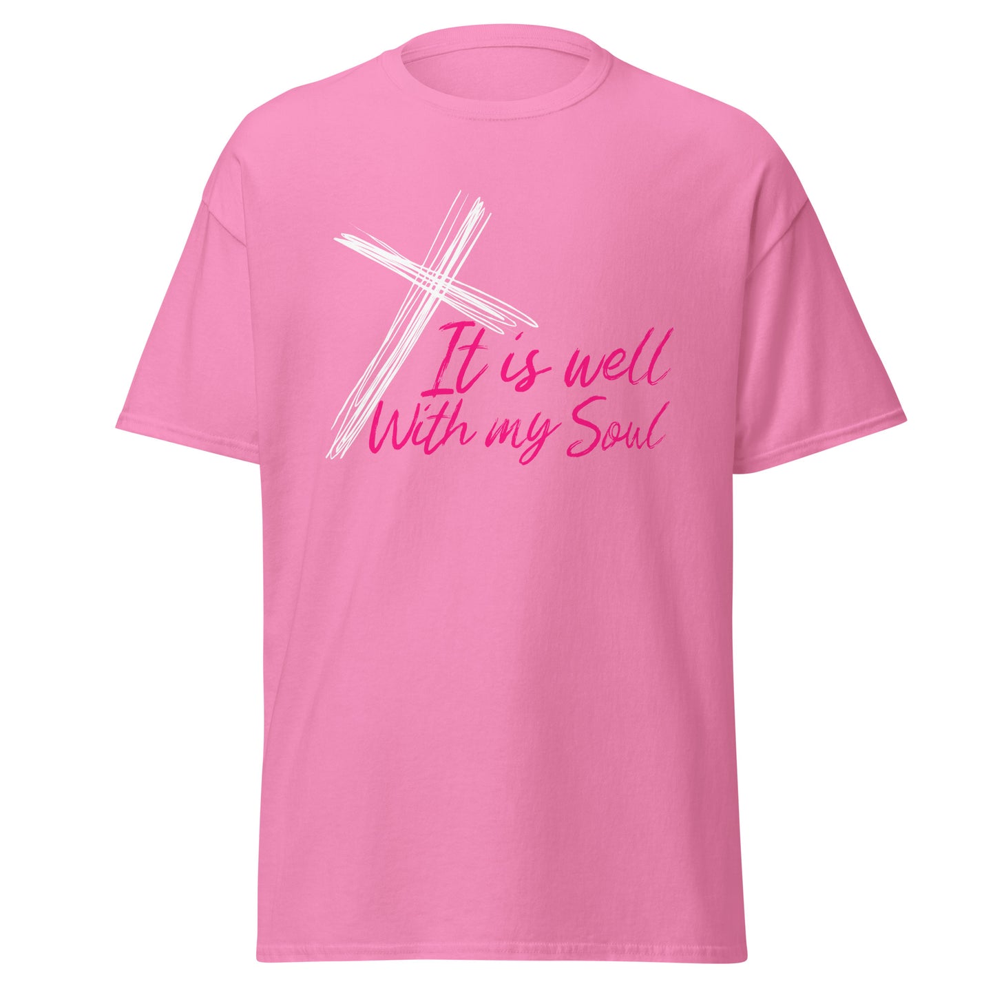 Pink t-shirt with a cross and 'It is well With my Soul' text on a white background