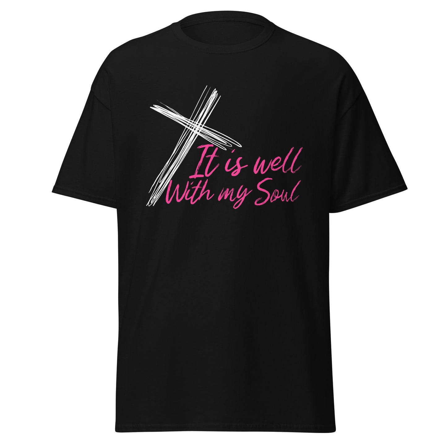 Black t-shirt with a white cross and 'It is well With my Soul' text on a white background