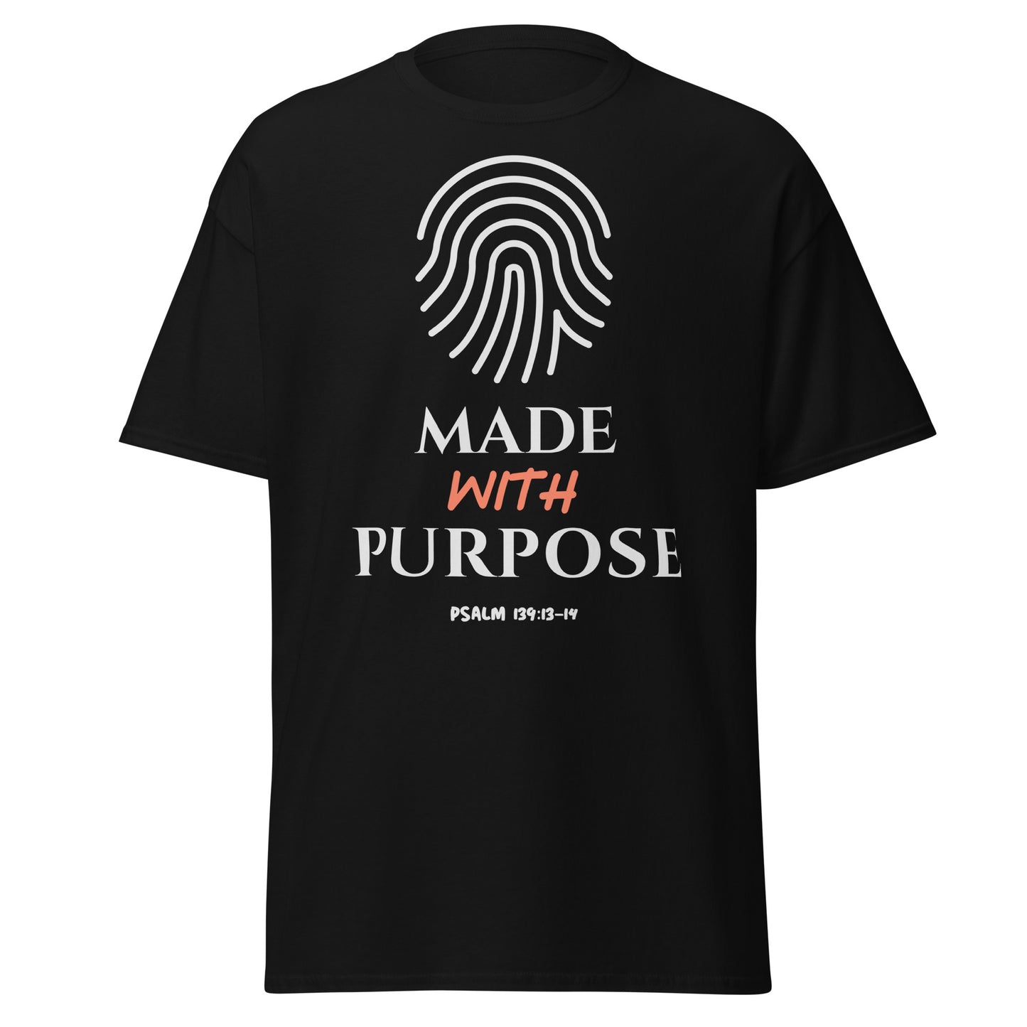 Black t-shirt with a fingerprint design and 'Made with Purpose' text on a white background