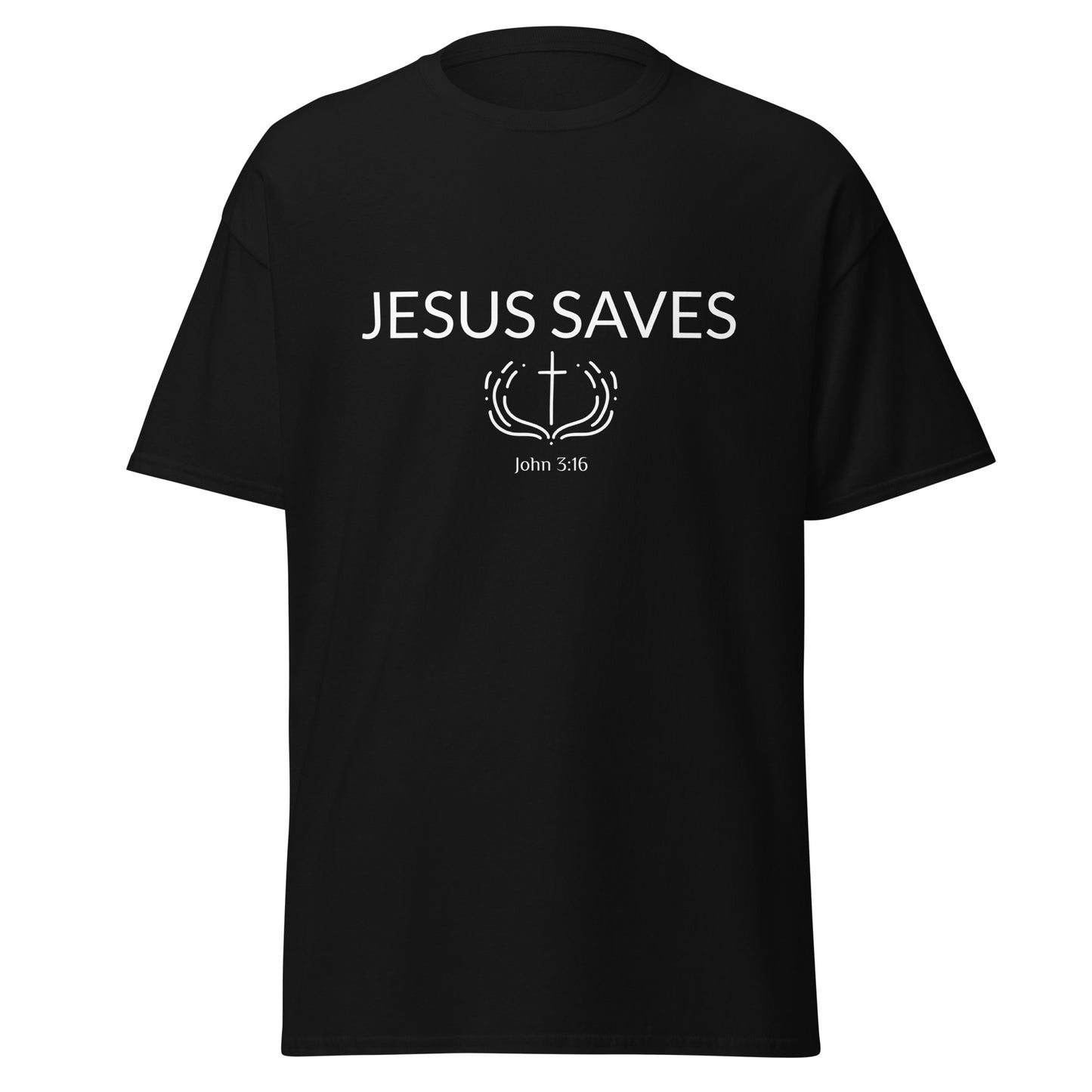 Black t-shirt with 'Jesus Saves' text and cross design on a white background