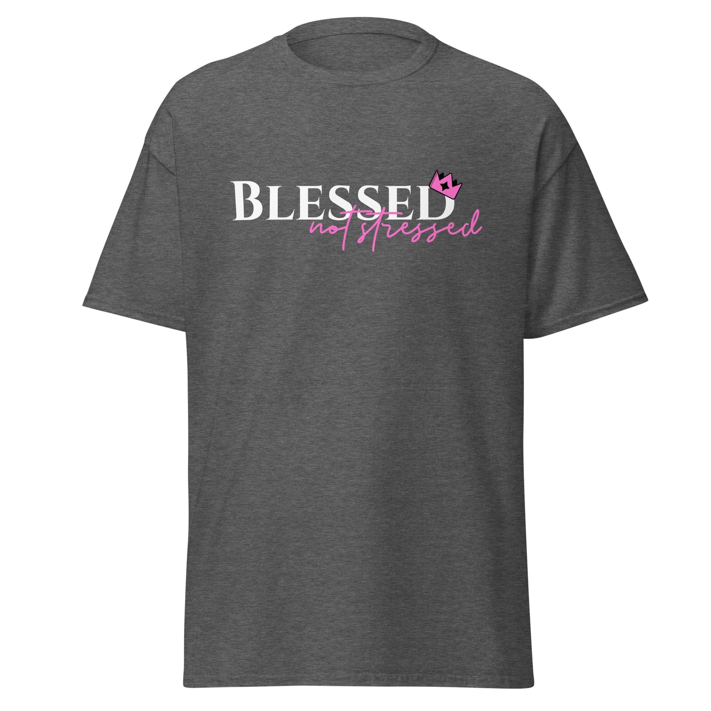Gray t-shirt with 'Blessed not stressed' text on a white background