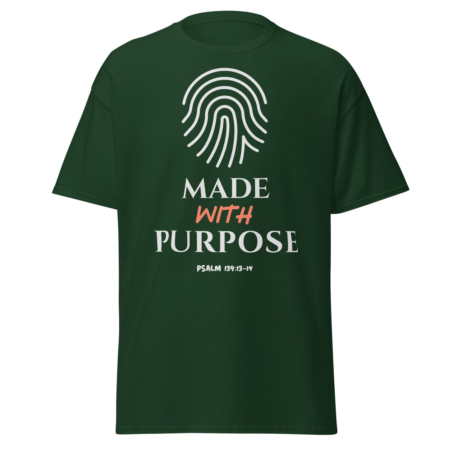 Green t-shirt with 'Made with Purpose' text and fingerprint design on a white background