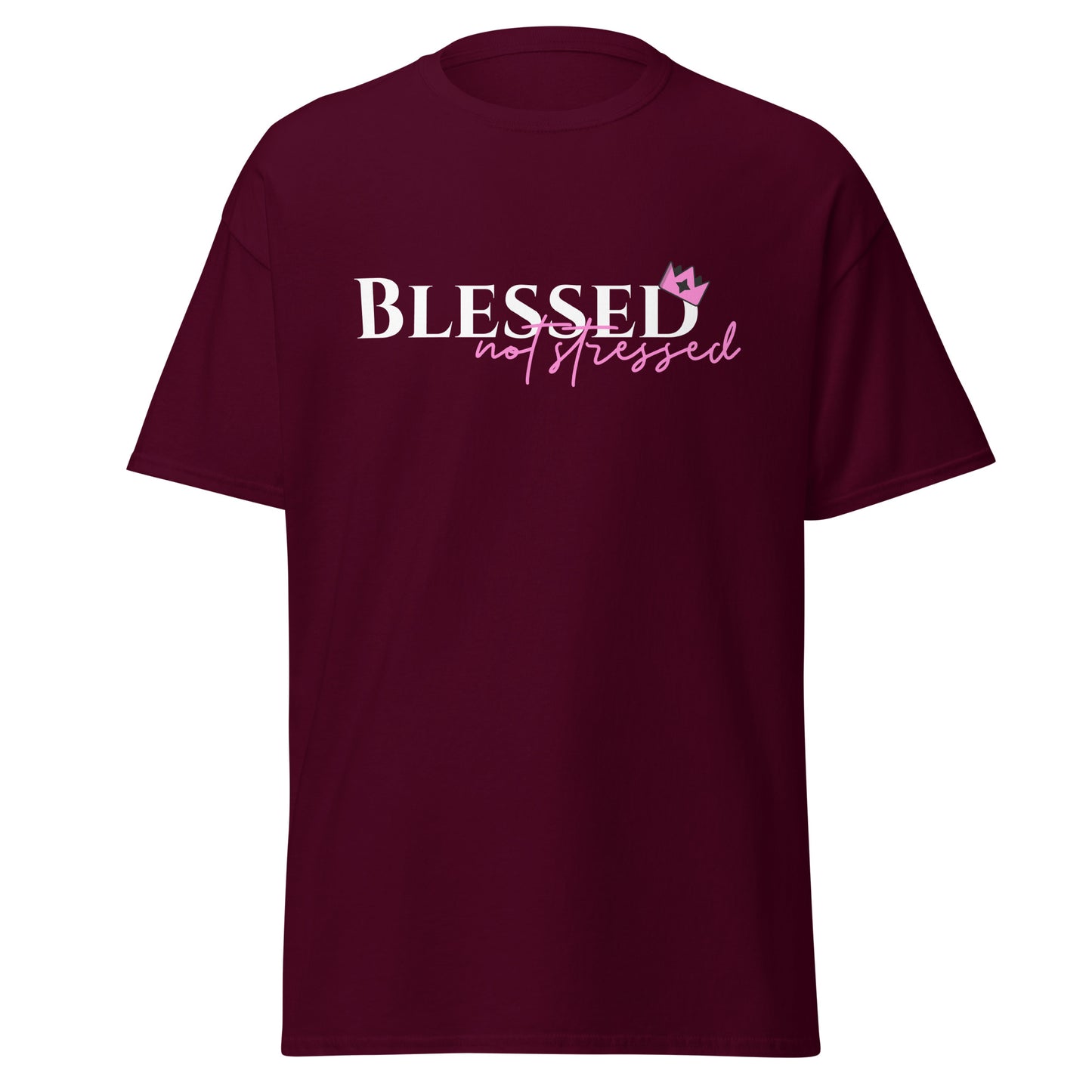 Maroon t-shirt with 'Blessed not stressed' text on a white background