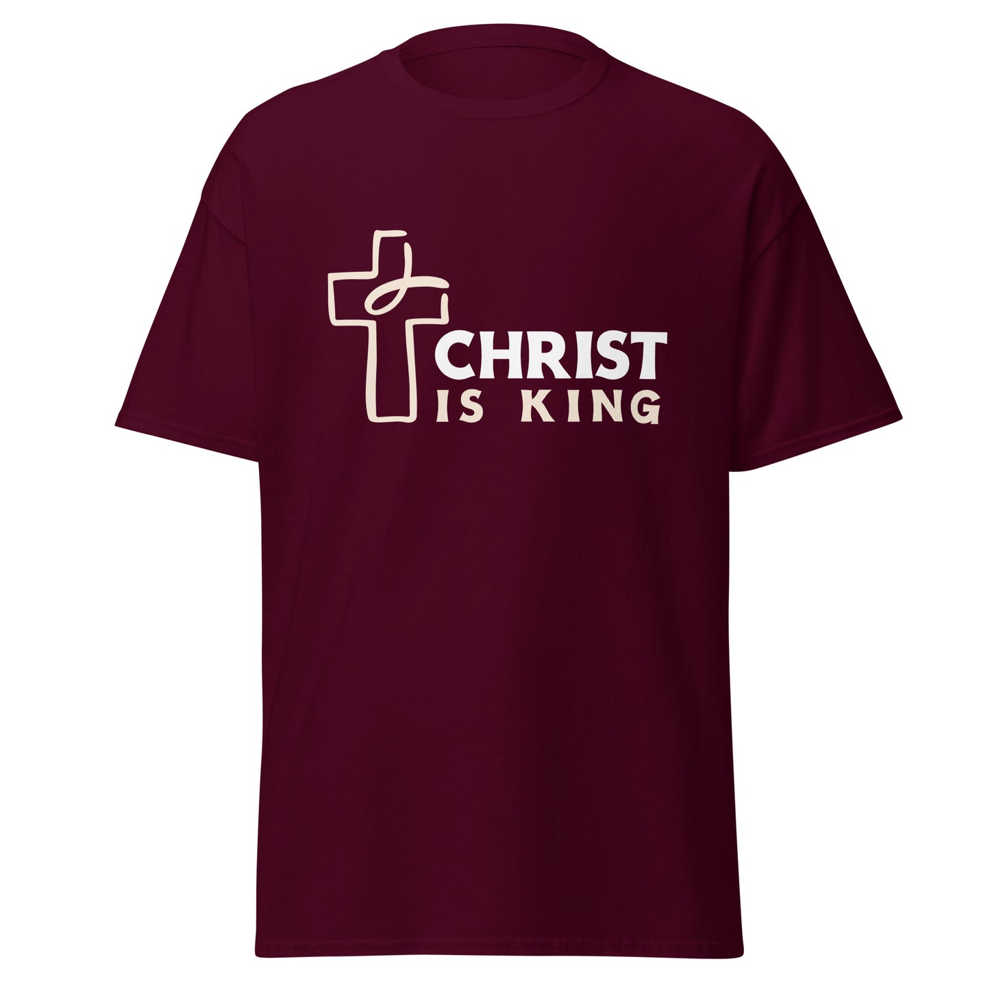 Maroon t-shirt with 'Christ is King' text and cross design on a white background