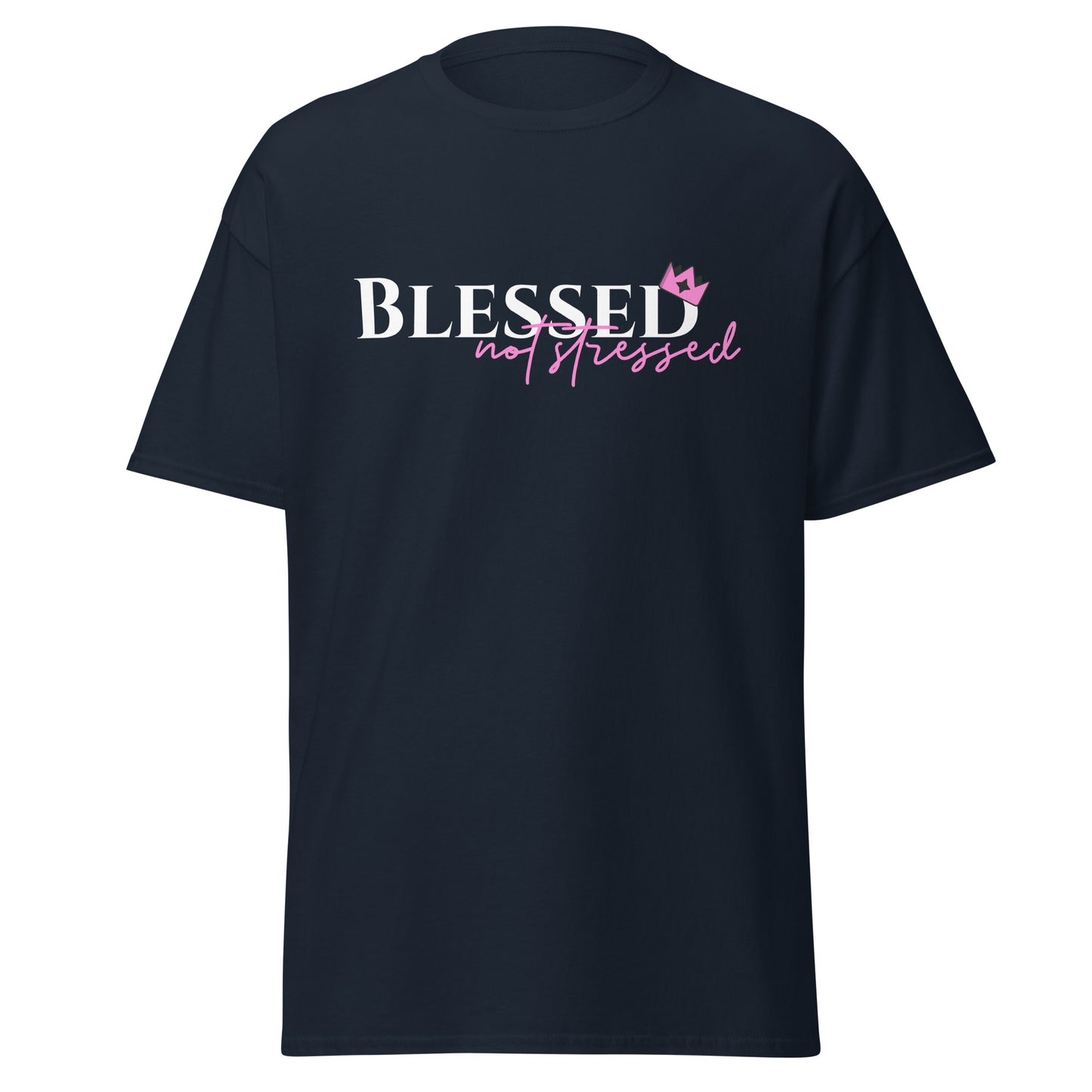 Navy t-shirt with 'Blessed not stressed' text on a white background
