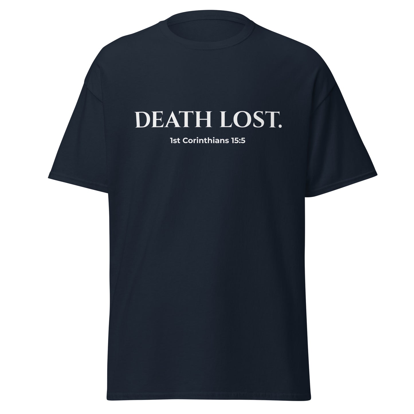 Navy t-shirt with 'DEATH LOST. 1st Corinthians 15:5' text on a white background
