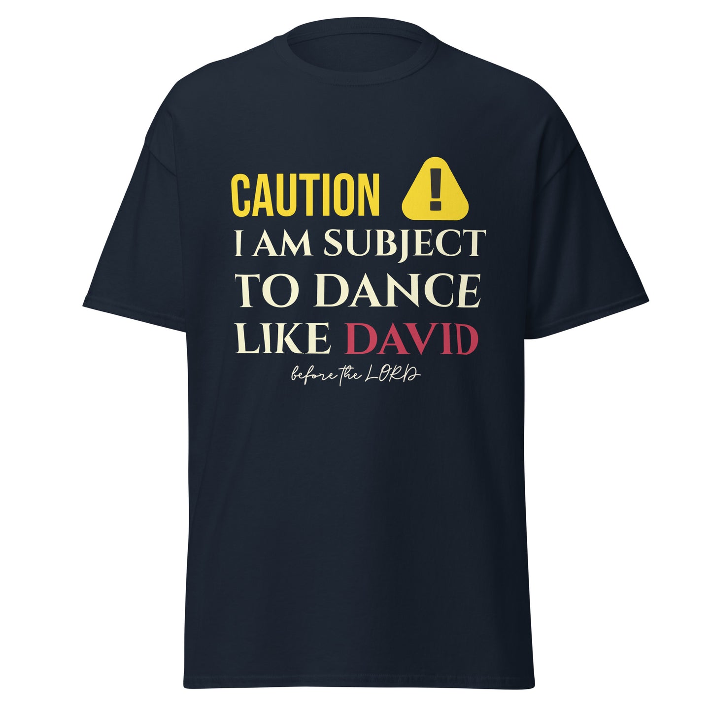 Navy t-shirt with yellow and white text on a white background
