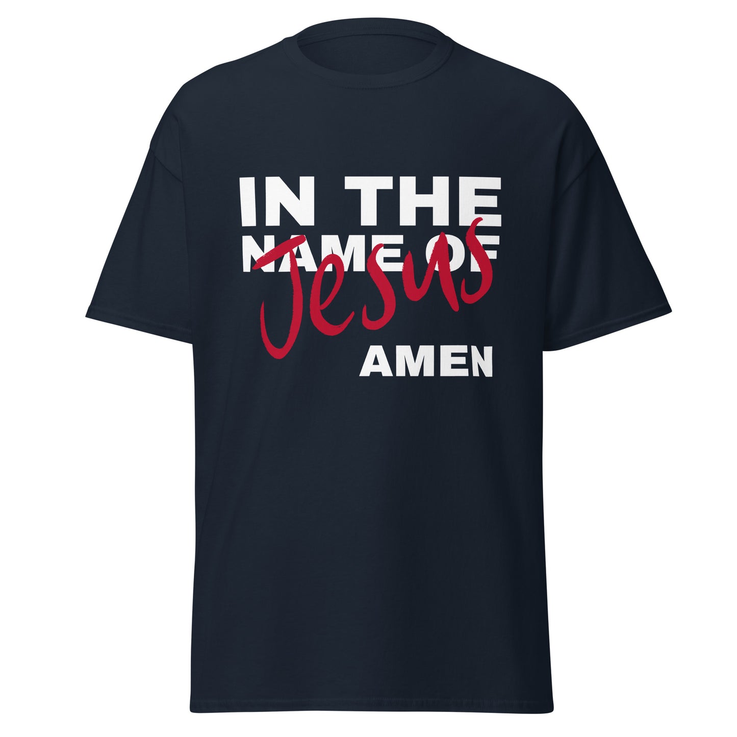 Navy t-shirt with 'In the Name of Jesus Amen' text on a white background
