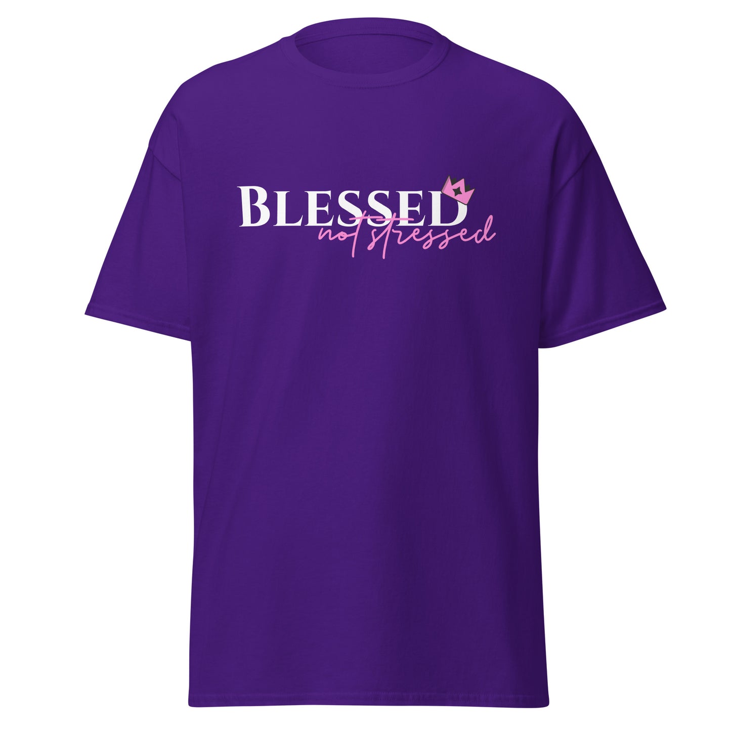 Purple t-shirt with 'Blessed not stressed' text on a white background