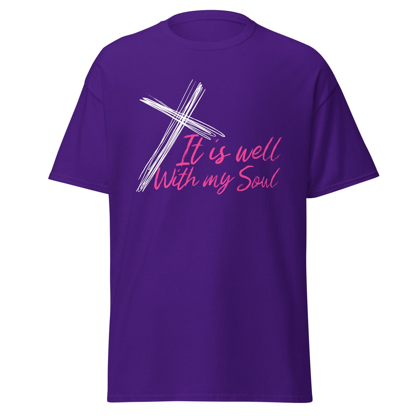 Purple t-shirt with a white cross and pink text 'It is well With my Soul' on a white background