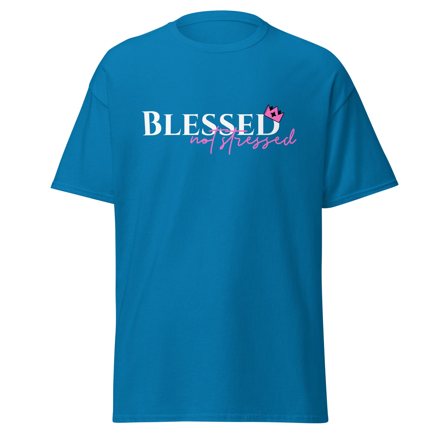 Blue t-shirt with 'Blessed not stressed' text on a white background