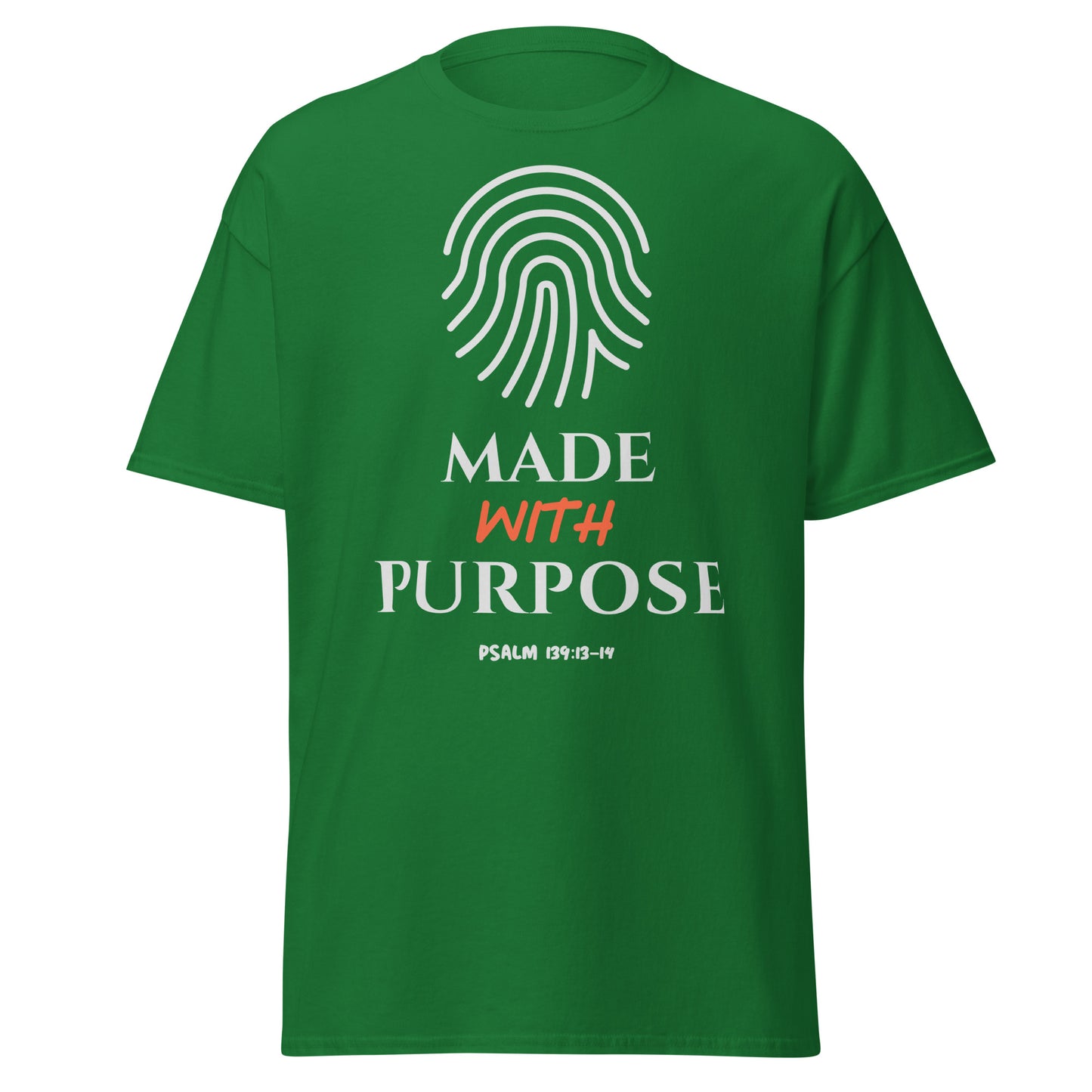Green t-shirt with 'Made with Purpose' design on a white background