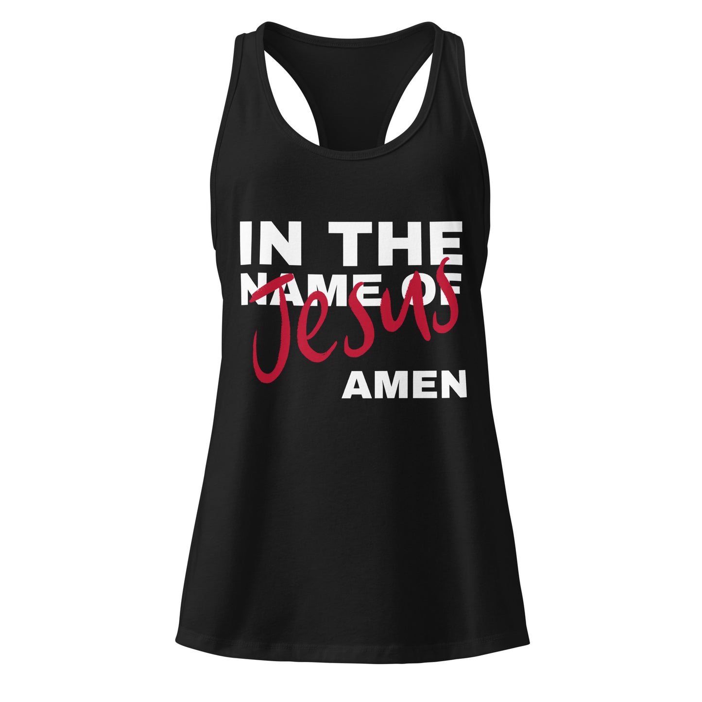 Black tank top with 'In the Name of Jesus Amen' text on a white background