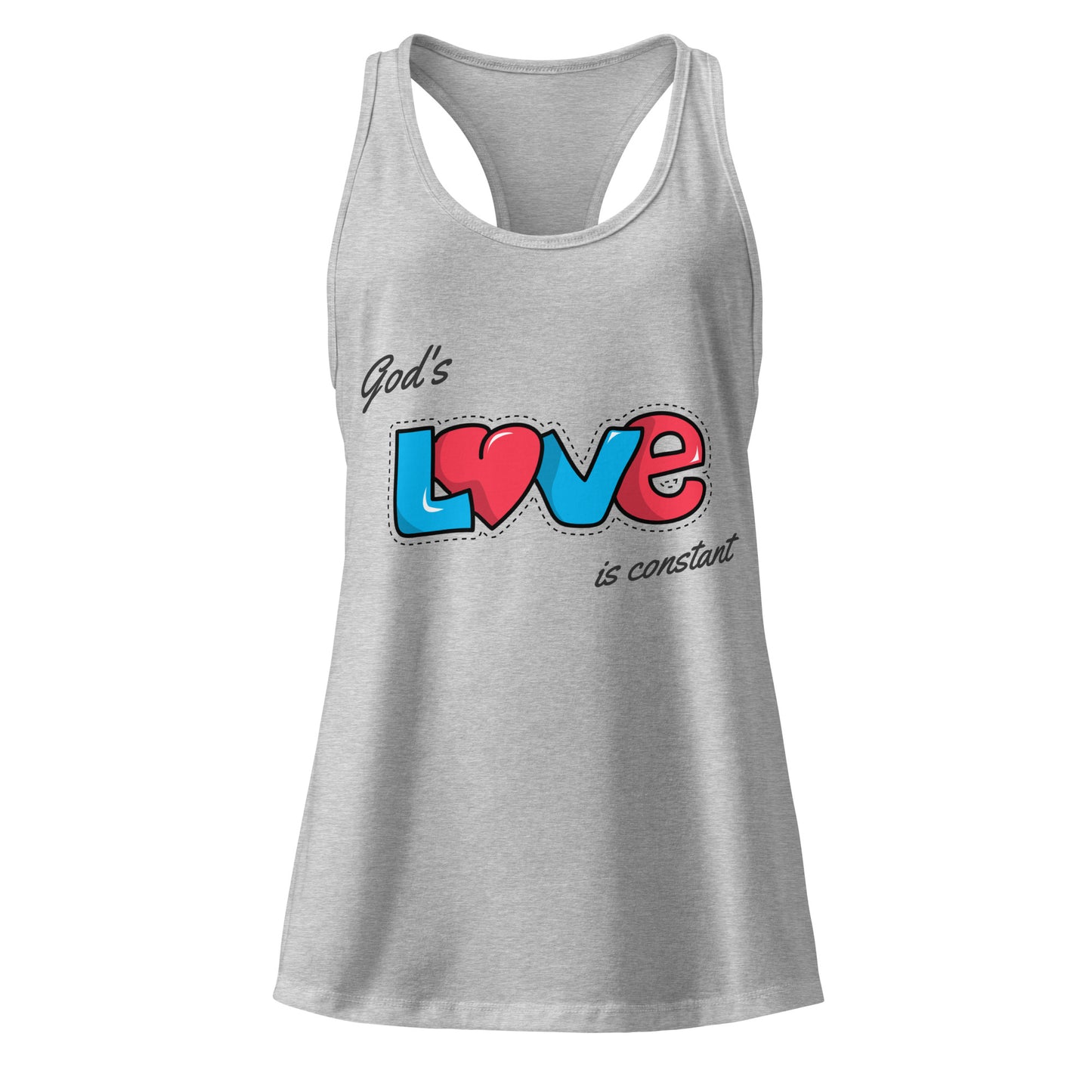 Gray tank top with 'God's love is constant' text and heart design on a white background