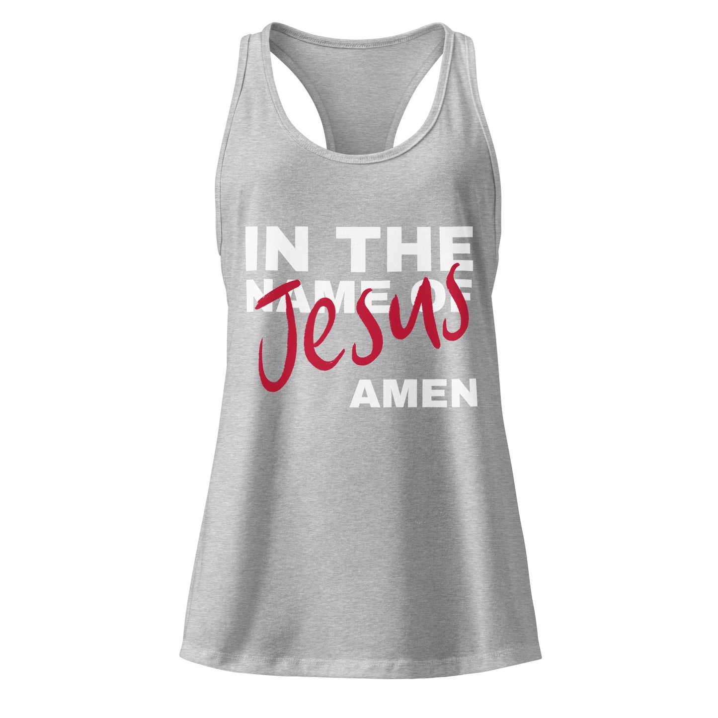 Gray tank top with 'In the Name of Jesus Amen' text on a white background