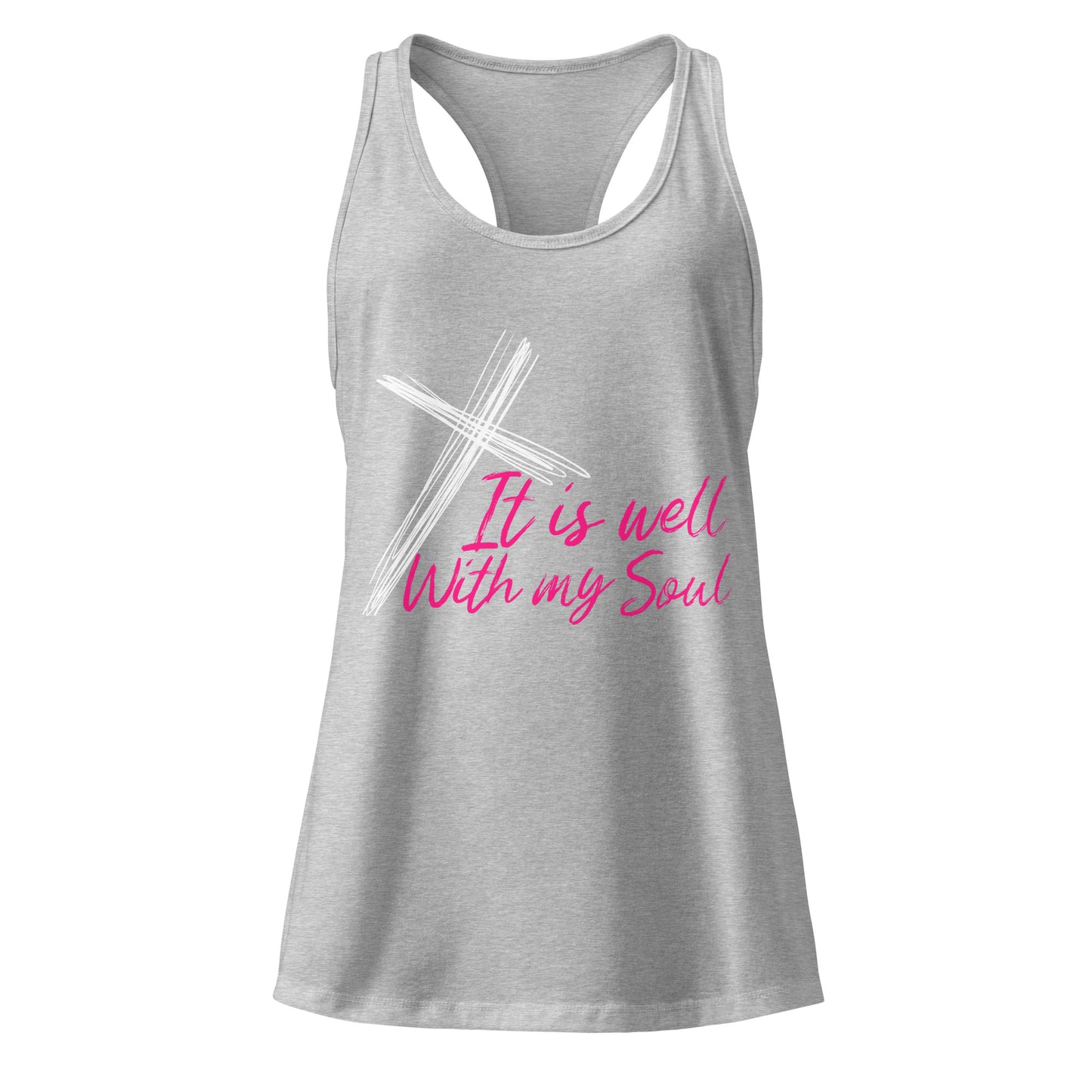 Gray tank top with a cross and 'It is well With my Soul' text on a white background