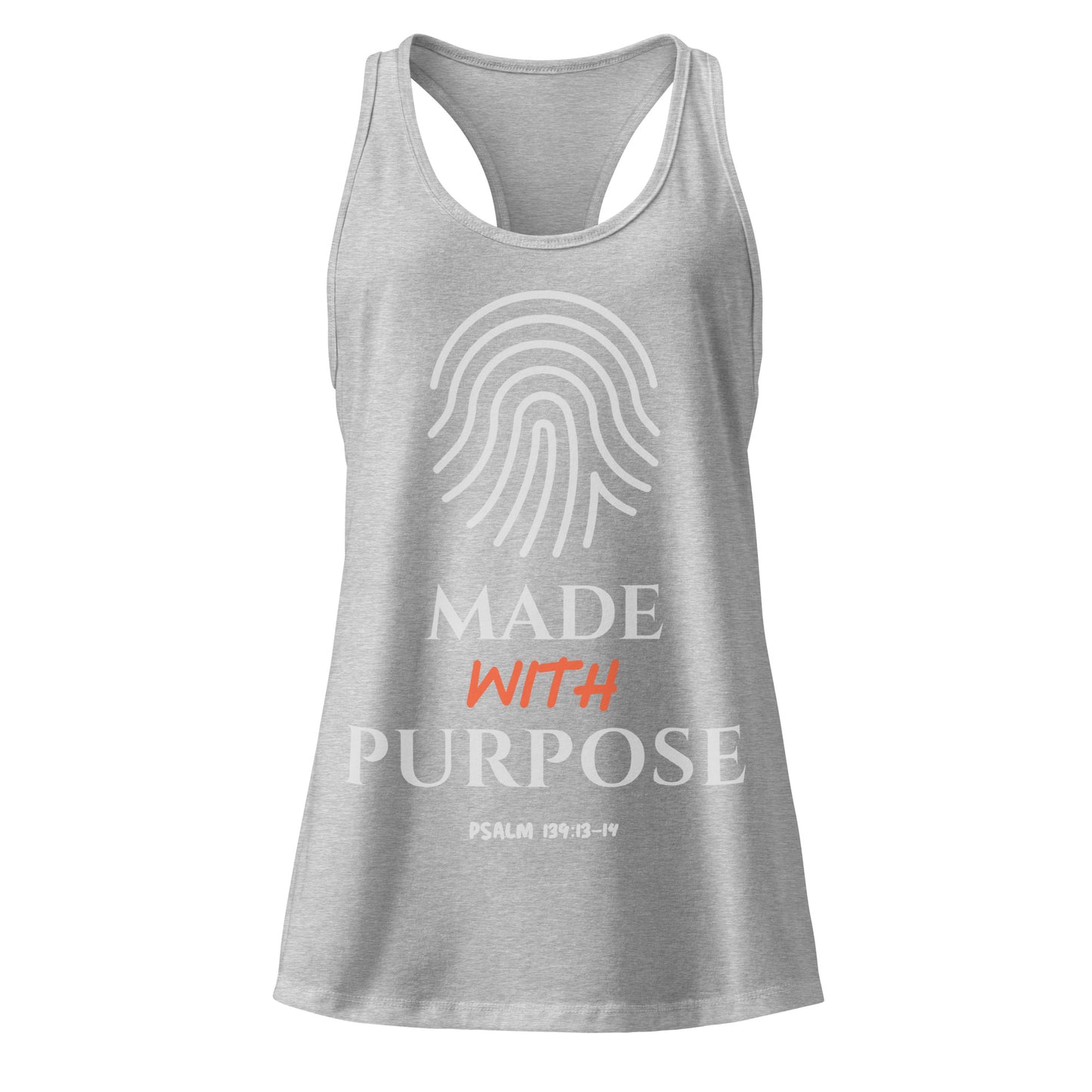 Gray tank top with 'Made with Purpose' text and fingerprint design on a white background