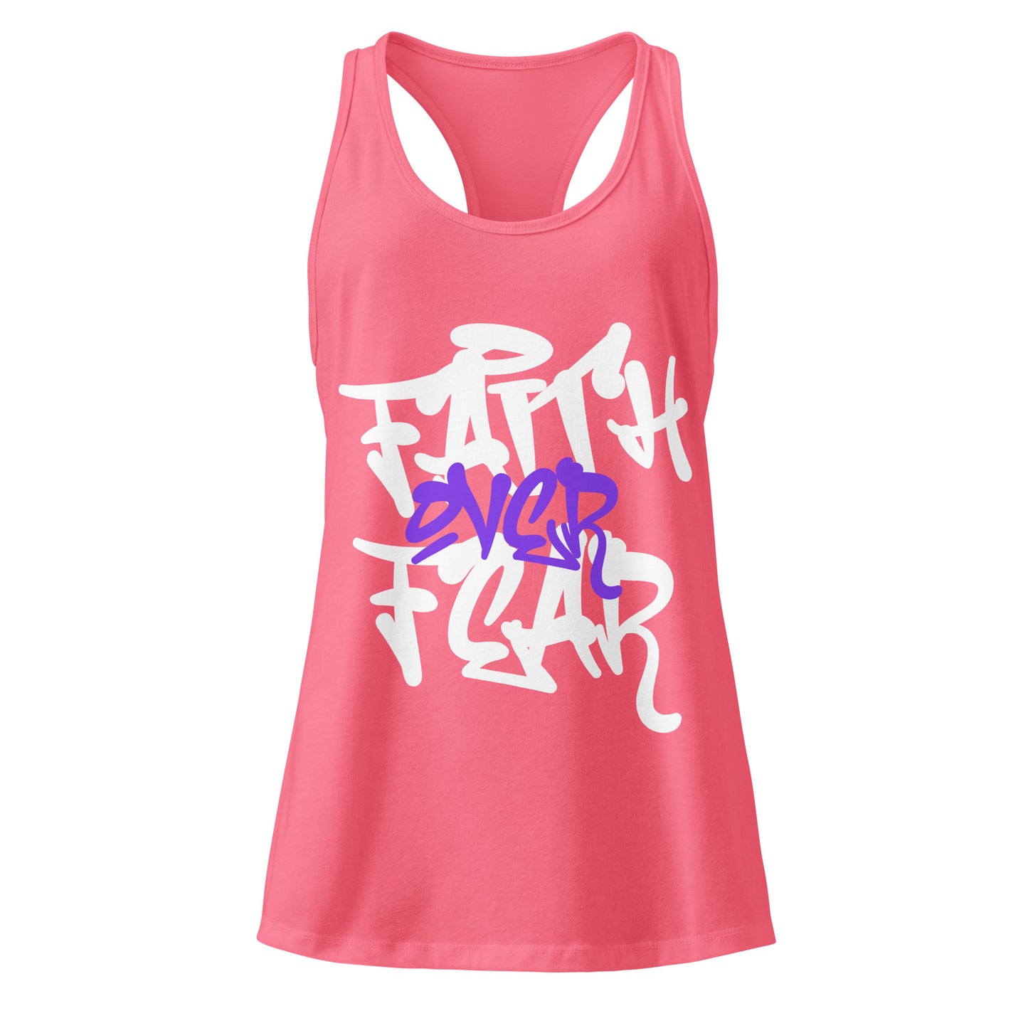 Pink tank top with white and purple text on a white background