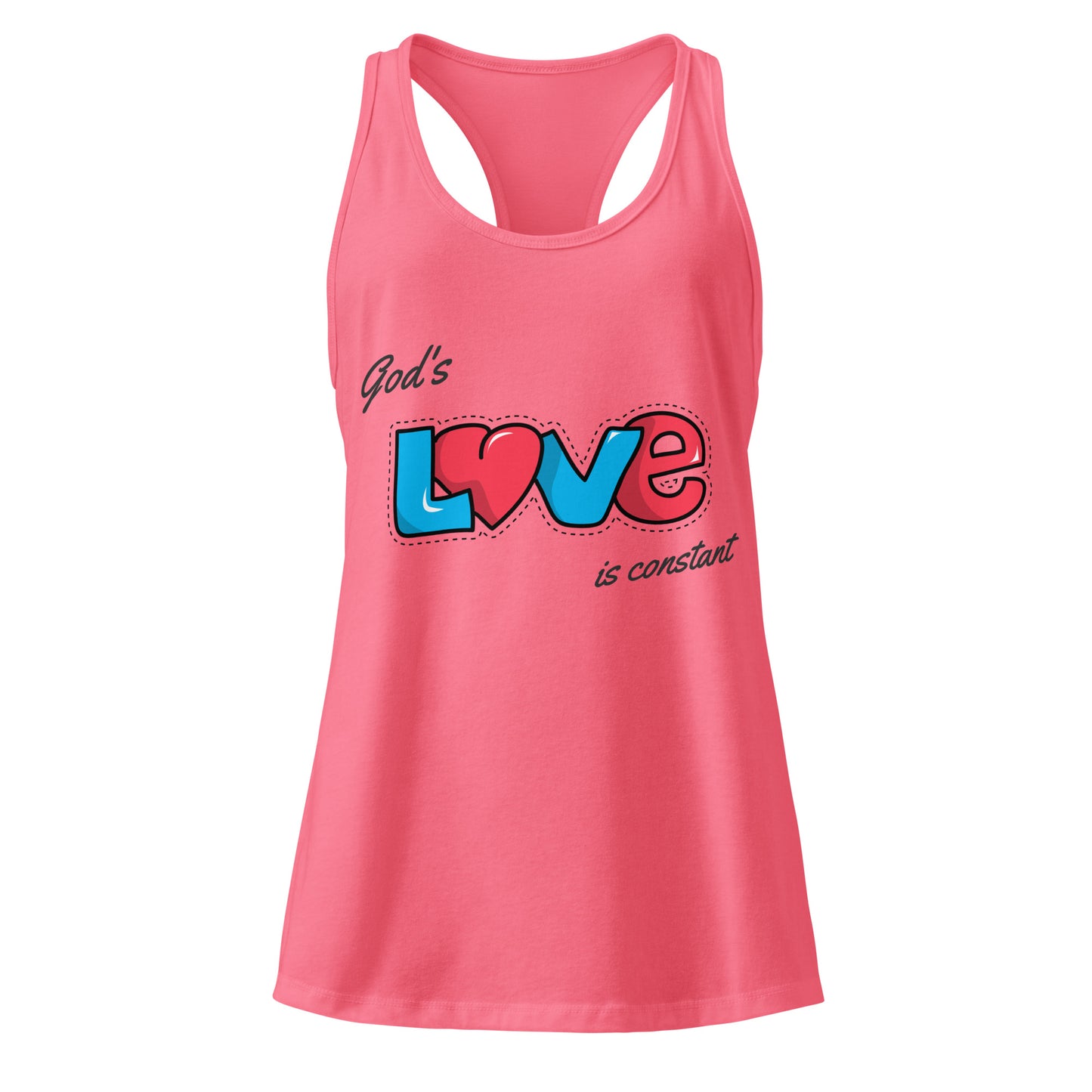 Pink tank top with 'God's Love is Constant' text on a white background