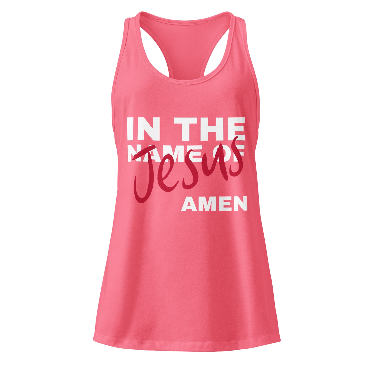 Pink tank top with text 'IN THE NAME OF Jesus AMEN' on a white background