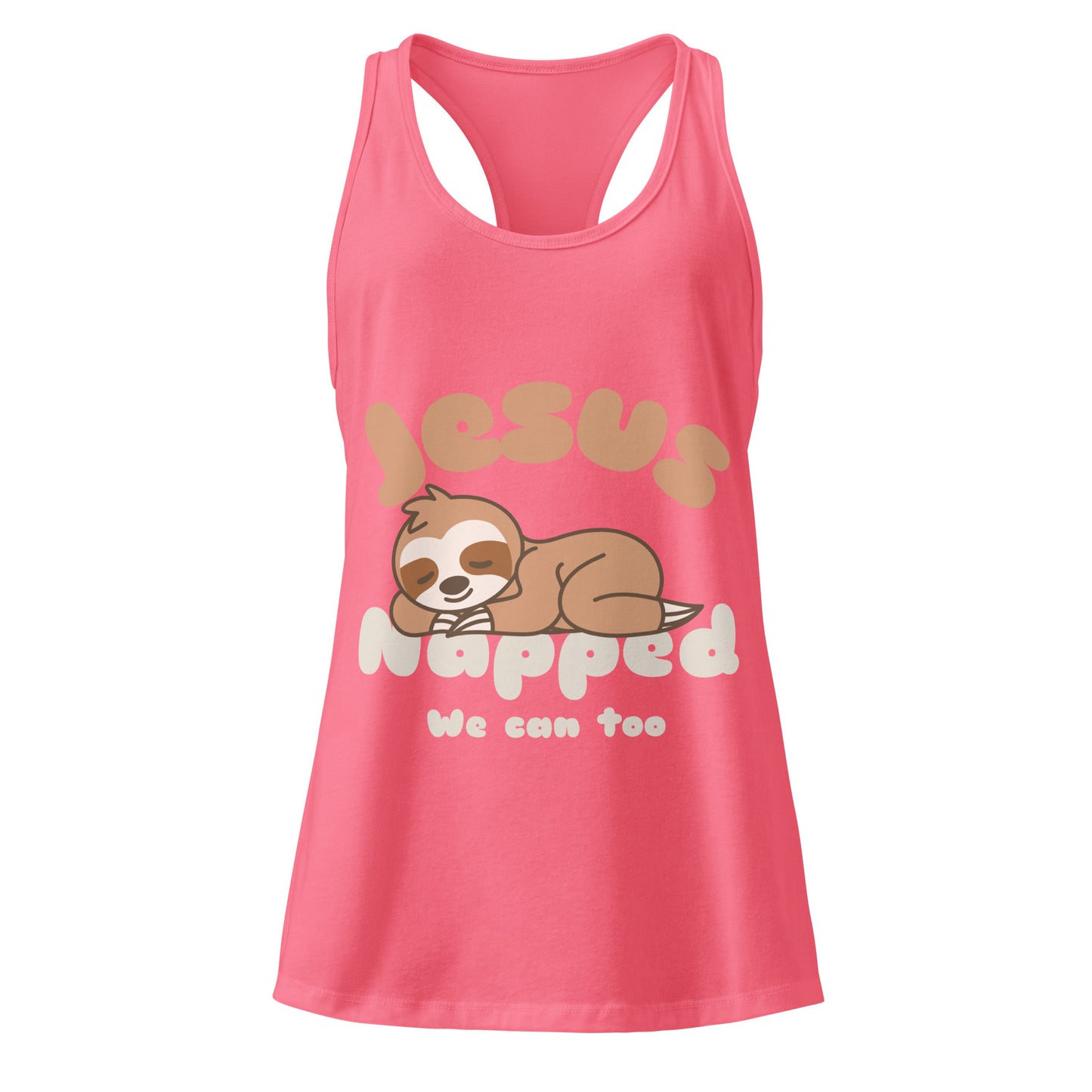 Pink tank top with a sloth graphic and text on a white background