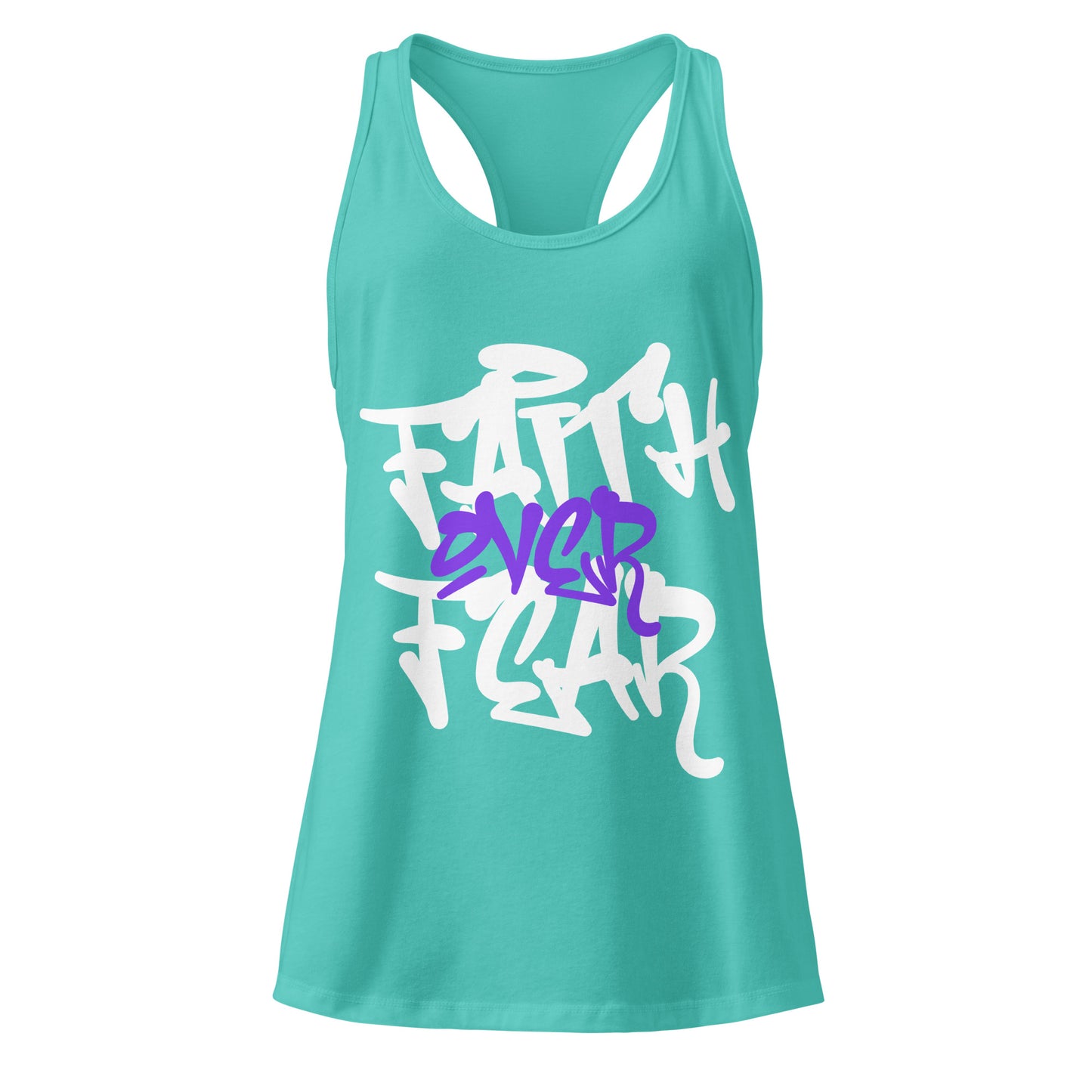 Turquoise tank top with white and purple text on a white background