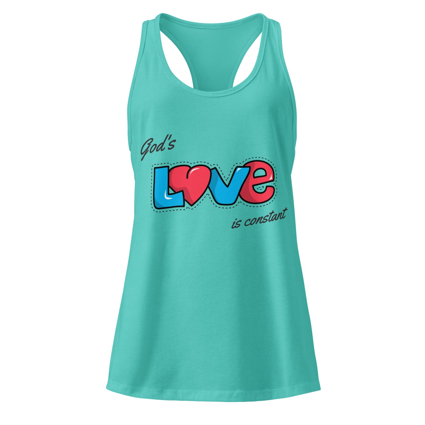 Turquoise tank top with 'God's Love is Constant' text and heart design on a white background