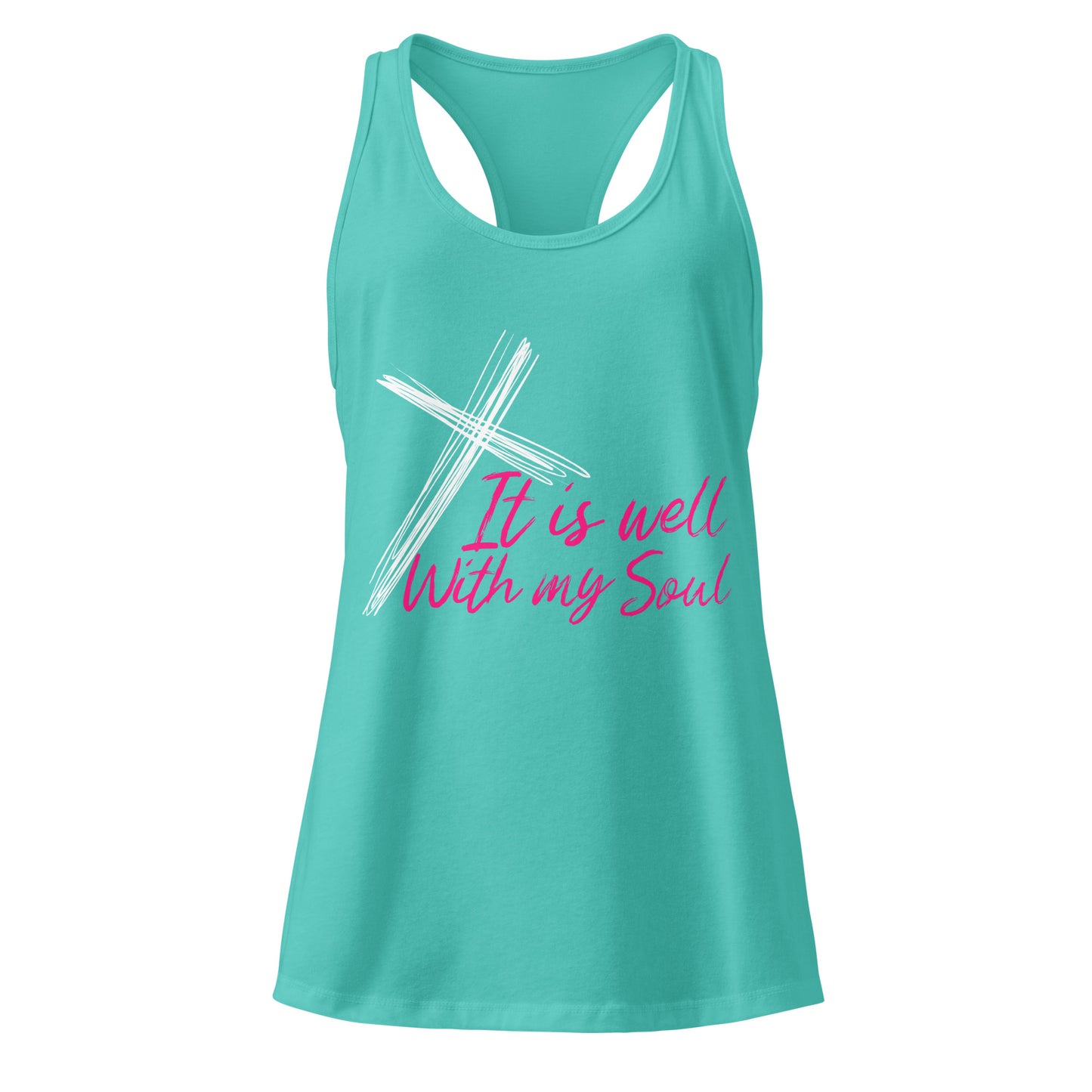 Turquoise tank top with a white cross and pink text on a white background