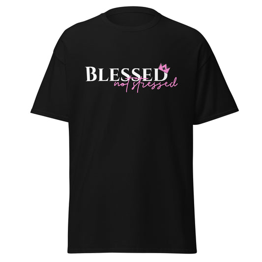 Black t-shirt with 'Blessed not stressed' text on a white background