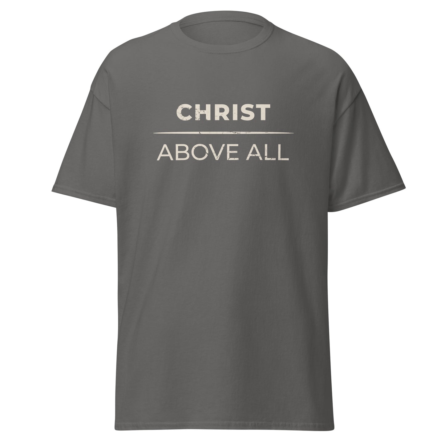 charcoal colored T shirt that says Christ above all.
