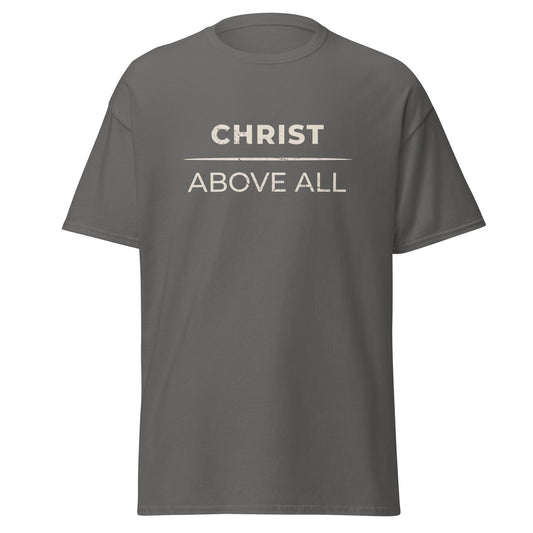 charcoal colored T shirt that says Christ above all.