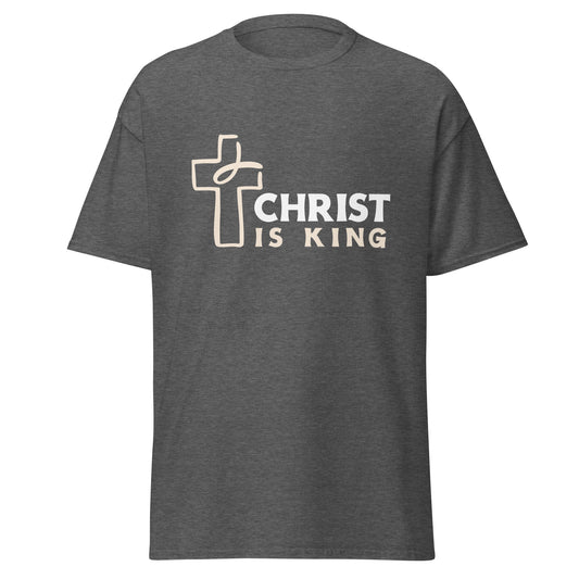 Gray t-shirt with 'Christ is King' text and cross design