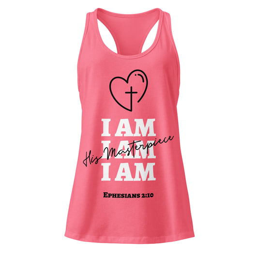 Pink tank top with text that says I am his masterpiece.