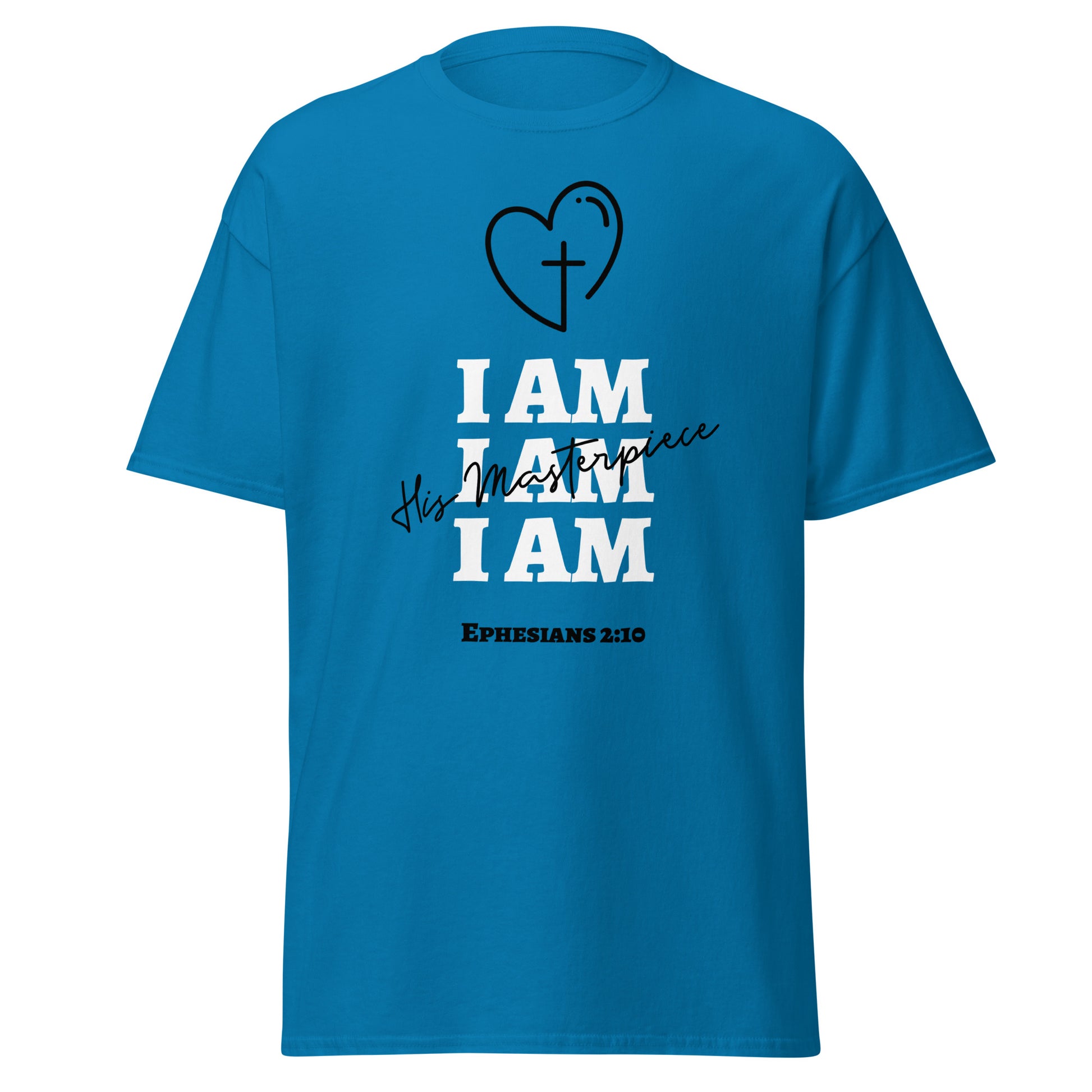 blue t-shirt with text that says 'i am his masterpiece' and heart design
