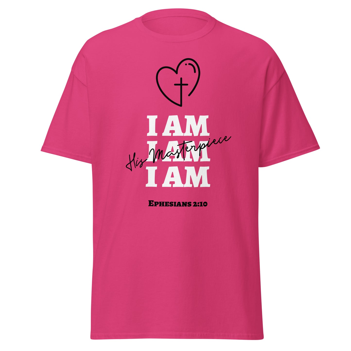 Pink t-shirt with text that says 'i am his masterpiece' and heart design