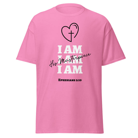 Pink t-shirt with text that says 'i am his masterpiece' and heart design