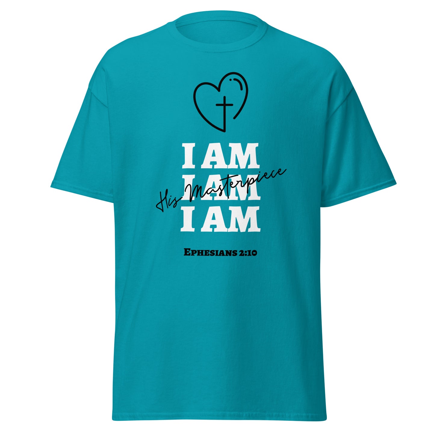 turquoise t-shirt with text that says 'i am his masterpiece' and heart design