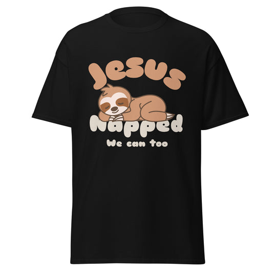 Black t-shirt with a sloth graphic and text that says 'jesus napped we can too'