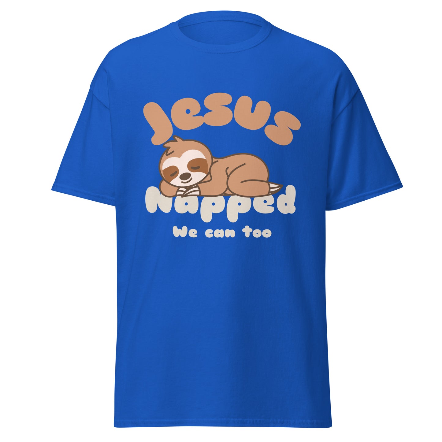 Blue t-shirt with a sloth graphic and text that says 'jesus napped we can too'