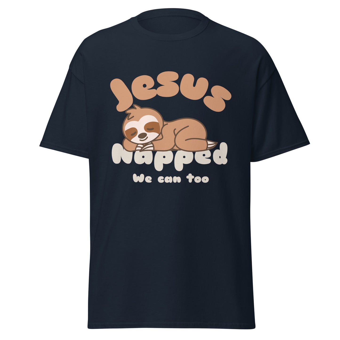 Navy blue t-shirt with a sloth graphic and text that says 'jesus napped we can too'