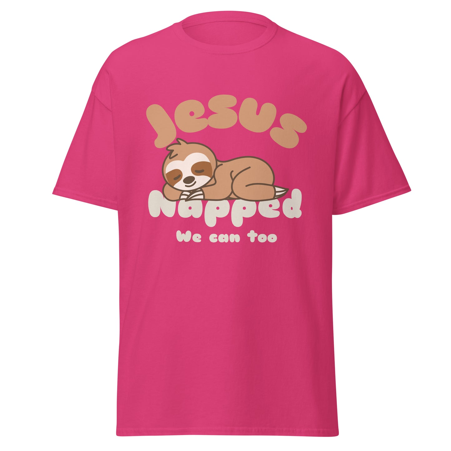 Pink t-shirt with a sloth graphic and text that says 'jesus napped we can too'