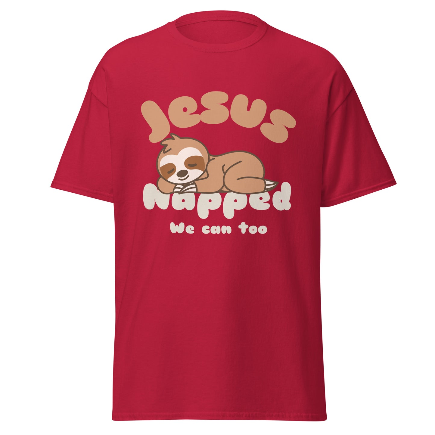 Red t-shirt with a sloth graphic and text that says 'jesus napped we can too'