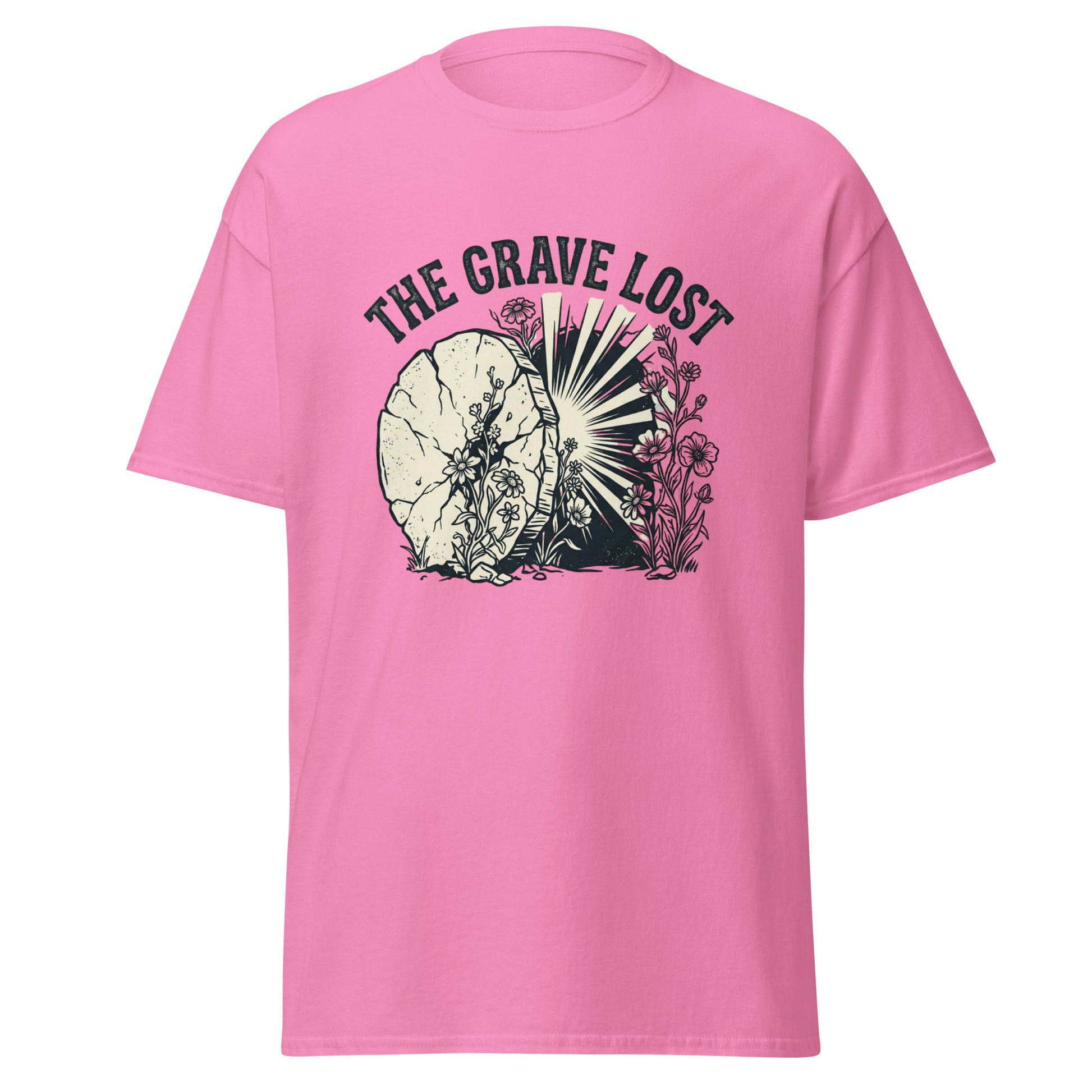 Pink T-shirt that says "the grave lost" with a picture of an empty tomb.