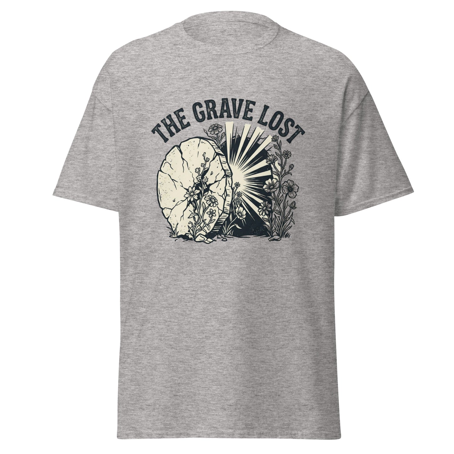 Grey T-shirt that says "the grave lost" with a picture of an empty tomb.