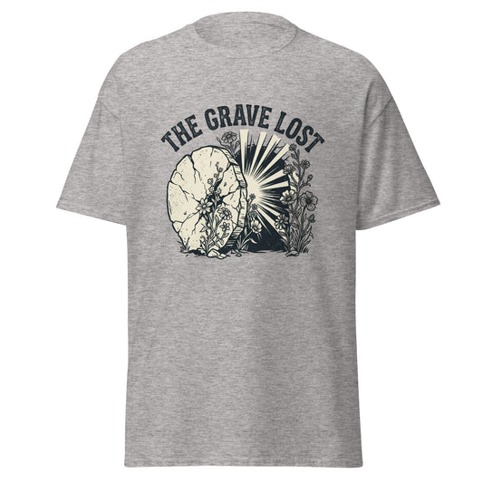 Grey T-shirt that says "the grave lost" with a picture of an empty tomb.